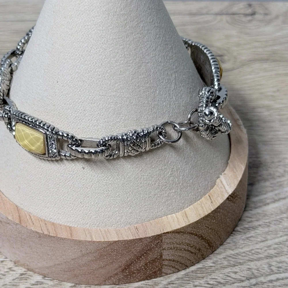 Silver Tone Chain Link Bracelet Yellow Stone Glam Retro‎ Luxe Statement Jewelry